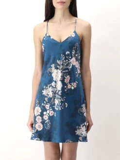 100% Seide Nachthemd ORIENTAL FLOWERS Petrol Von Luna Di Seta -MAISON LEJABY Verkäufe nachthemd seide flower print vlst60834 blau blumen luna di seta 2