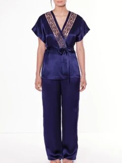 100% Seide Pyjama SHINY EMBROIDERY Nachtblau Von Luna Di Seta -MAISON LEJABY Verkäufe seide pyjama shiny embroidery l6j7572 dunkelblau luna di seta 1